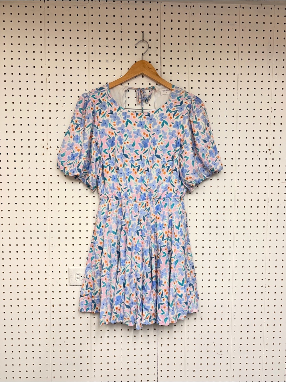 Storia Floral Mini Dress in Light Blue with Pink & Orange Accents